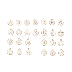 Initial Letter A~Z Alphabet Enamel Charms, Flat Round Disc Double Sided Charms, Golden Plated Enamelled Sequins Alloy Charms, White, 14x12x2mm, Hole: 1.5mm, 26pcs/set(ENAM-Q437-07)