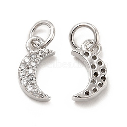Brass Micro Pave Cubic Zirconia Charms, with Jump Ring, Moon Charm, Platinum, 11x5.8x2.3mm, Hole: 2.5mm(KK-E068-VB249)