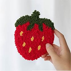 DIY Cotton Cup Mat Punch Needle Kits, with Woolen Yarn and Nonwoven Fabric & Glue & Plastic Shovel & Wire & Awl Tool, Strawberry Pattern, 245x235x1mm(DIY-K032-40B)