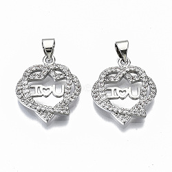 Brass Micro Pave Clear Cubic Zirconia Pendants, for Valentine's Day, Cadmium Free & Nickel Free & Lead Free, Heart with Word I Love You, Real Platinum Plated, 19x17x3mm, Hole: 3x5mm(KK-S061-36P-NR)