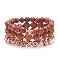 3Pcs 3 Style Natural Lava Rock & Wood Round Beaded Stretch Bracelets Set, Essential Oil Gemstone Jewelry for Women, Rose Gold, Inner Diameter: 2-1/8~2-3/8 inch(5.5~6cm), 1Pc/style(BJEW-JB08350)