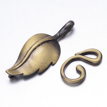 Brass Hook Clasps, For Leather Cord Bracelets Making, Leaf, Brushed Antique Bronze, Leaf: 33x13x3mm, Hook: 17x10x2mm, Hole: 1mm and 3x3mm