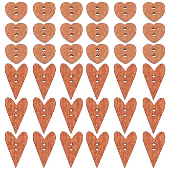 200Pcs 2 Styles Wood Buttons, 2-Hole, Heart, Camel, 12.5~24x14.5~15x3.5mm, Hole: 1.6mm, 100pcs/style