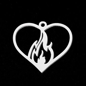 201 Stainless Steel Pendants, Laser Cut, Heart with Flame, Stainless Steel Color, 25.5x28x1mm, Hole: 1.8mm