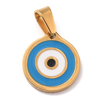 304 Stainless Steel Enamel Pendants, with 201 Stainless Steel Bails, Flat Round with Eye, Deep Sky Blue, 16.5x15x1.5mm, Hole: 4x6.5mm