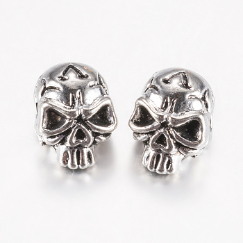 Tibetan Style Alloy Beads, Skull, Antique Silver, 12x9x10mm, Hole: 1.5mm