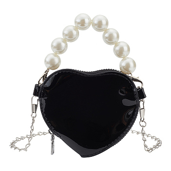 Women's Nylon & PU Leather Mini Heart Bags, Dual Purpose Crossbody/Handbag, with ABS Plastic Imitation Pearl Bag Handle and Iron Chain Bag Strap Replacement, Black, 12.9x9.2x1.6cm
