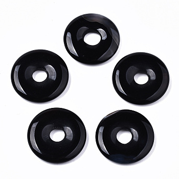 Natural Black Agate Pendants, Dyed & Heated, Donut/Pi Disc, Donut Width: 9mm, 25x4mm, Hole: 6~7mm