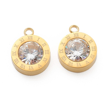 304 Stainless Steel Rhinestone Charms, Flat Round with Roman Numerals, Crystal, Golden, 14x11x4.5mm, Hole: 1.8mm