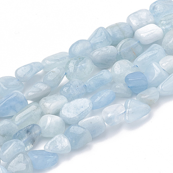 Natural Aquamarine Beads Strands, Tumbled Stone, Nuggets, 3~14x2~9x2.5~8mm, Hole: 1mm, about 50~55pcs/strand, 15.94 inch