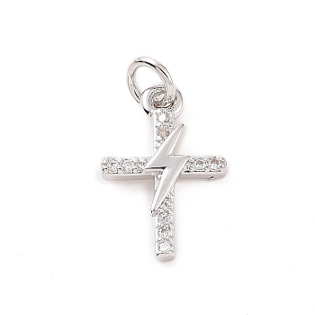 Brass Micro Pave Cubic Zirconia Charms, with Jump Ring, Cross with Lightning Bolt Charm, Platinum, 14.5x9.5x2mm, Hole: 2.8mm
