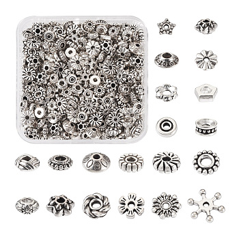 400Pcs 20 Styles Tibetan Style Alloy Spacer Beads, Flower & Flat Round & Star & Rondelle, Mixed Shapes, Antique Silver, 5~12x5~10.5x1~6mm, Hole: 0.8~3mm, 20pcs/style