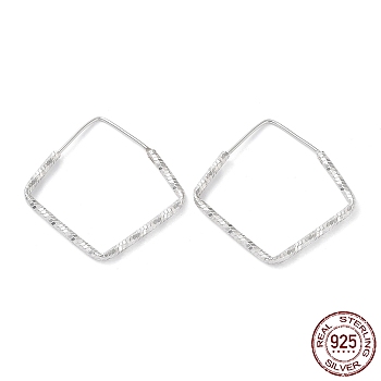 Rhodium Plated 925 Sterling Silver Textured Rhombus Hoop Earrings, Real Platinum Plated, 31.5x2x31.5mm