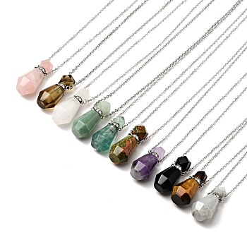Openable Faceted Natural & Synthetic Mixed Stone Perfume Bottle Pendant Necklaces for Women, 304 Stainless Steel Cable Chain Necklaces, Stainless Steel Color, 18.74 inch(47.6cm)
