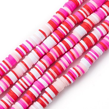 Handmade Polymer Clay Beads Strands, for DIY Jewelry Crafts Supplies, Heishi Beads, Disc/Flat Round, Deep Pink, 6x0.5~1mm, Hole: 1.8mm, about 290~320pcs/strand, 15.75 inch~16.14 inch(40~41cm)