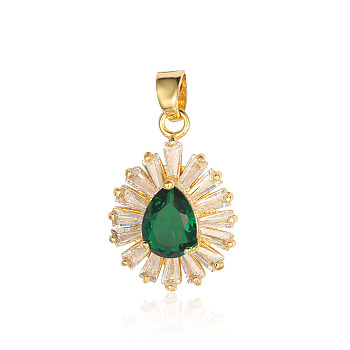 Brass Micro Pave Green Cubic Zirconia Pendants, Teardrop Charms, Real 18K Gold Plated, 20x14x5mm