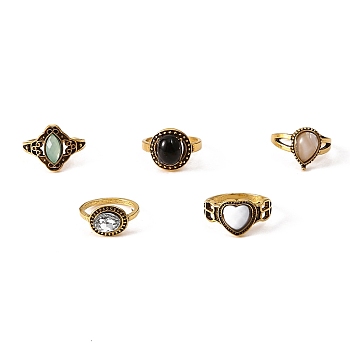 5Pcs 5 Style Opal & Natural Obsidian & Glass Finger Rings Set, Oval & Heart & Teardrop Alloy Stackable Rings for Women, Antique Golden, Inner Diameter: 15~17mm, 1Pc/style
