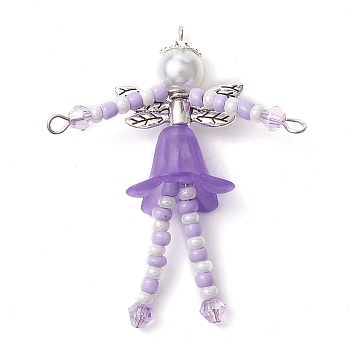 Glass Seed & Acrylic Pearl Beaded Big Pendants, with Alloy Fairy Wing & 304 Stainless Steel Findings, Angel Charms, Dark Violet, 52x40x18mm, Hole: 1.6mm