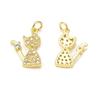 Brass Micro Pave Cubic Zirconia Pendants, with Jump Ring, Cat Charm, Golden, 17.5x12x2.5mm, Hole: 3mm