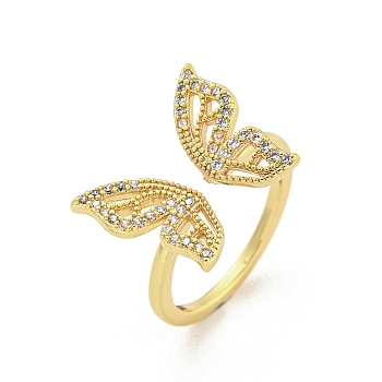 Brass Micro Pave Cubic Zirconia Cuff Rings, Butterfly Open Rings for Women, Long-Lasting Plated, Golden, Adjustable