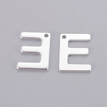 201 Stainless Steel Charms, Letter, Silver Color Plated, Letter.E, 11x8x0.6mm, Hole: 1mm