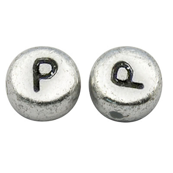Silver Color Plated Acrylic Horizontal Hole Letter Beads, Flat Round, Letter.P, 7x3.5mm, Hole: 1mm, about 288pcs/40g