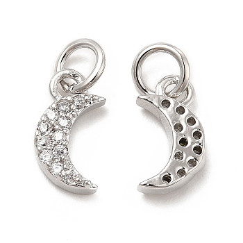Brass Micro Pave Cubic Zirconia Charms, with Jump Ring, Moon Charm, Platinum, 11x5.8x2.3mm, Hole: 2.5mm