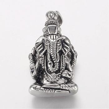304 Stainless Steel Pendants, Lord Ganesha, Antique Silver, 42x23x14mm, Hole: 5x8mm