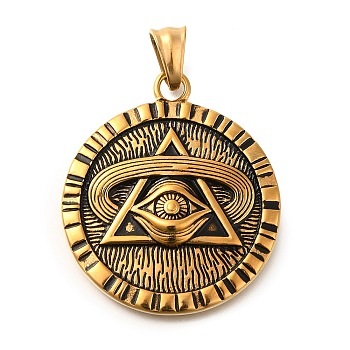 304 Stainless Steel Pendants, Flat Round with Eye of Providence Charm, Antique Golden, 41x35.5x5mm, Hole: 8.5x5mm