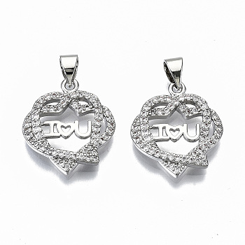 Brass Micro Pave Clear Cubic Zirconia Pendants, for Valentine's Day, Cadmium Free & Nickel Free & Lead Free, Heart with Word I Love You, Real Platinum Plated, 19x17x3mm, Hole: 3x5mm