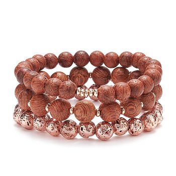 3Pcs 3 Style Natural Lava Rock & Wood Round Beaded Stretch Bracelets Set, Essential Oil Gemstone Jewelry for Women, Rose Gold, Inner Diameter: 2-1/8~2-3/8 inch(5.5~6cm), 1Pc/style