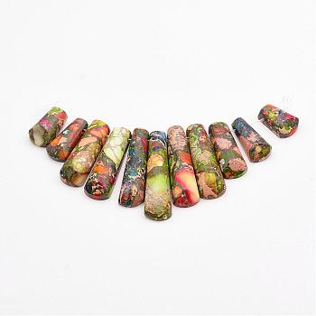 Assembled Gold Line and Imperial Jasper Beads Strands, Graduated Fan Pendants, Focal Beads, Dyed, Colorful, 16~39x9.5~10x5mm, Hole: 1mm, 11pcs/strand, 3.27 inch