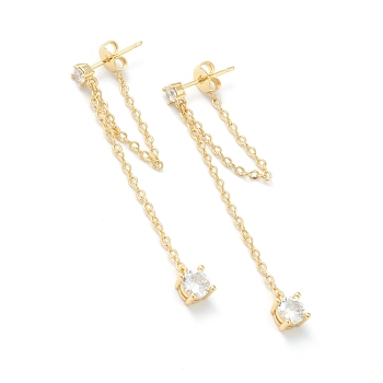 Brass Micro Pave Clear Cubic Zirconia Cable Chain Tassel Earrings, Long-Lasting Plated, Real 18K Gold Plated, 48mm, Pin: 0.7mm