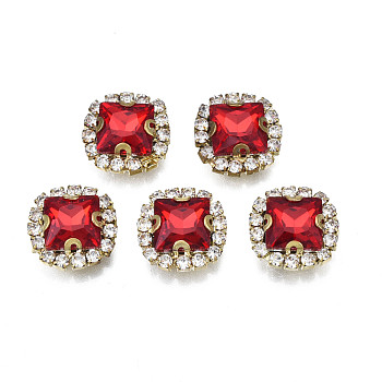 Sew on Rhinestone, Transparent Glass Rhinestone, with Brass Prong Settings, Faceted, Square, Crimson, 13x13x6mm, Hole: 0.9mm