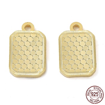 925 Sterling Silver Charms, Rectangle with Polka Dot Charm, Textured, Real 18K Gold Plated, 13x8x1.2mm, Hole: 1.4mm