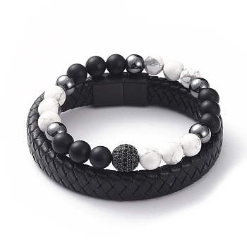 Unisex Stackable Bracelets Sets, Natural Howlite & Agate Beads, Brass Cubic Zirconia Beads, Non-Magnetic Synthetic Hematite Beads, Leather Cord, 304 Stainless Steel Magnetic Clasps and Cardboard Box, 2-1/8 inch(5.5cm), 8-1/4 inch(21cm), 2pcs/set