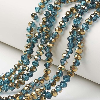 Electroplate Transparent Glass Beads Strands, Half Golden Plated, Faceted, Rondelle, Cornflower Blue, 4x3mm, Hole: 0.4mm, about 130pcs/strand, 16.54 inch(42cm)