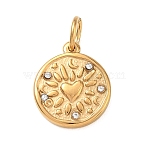304 Stainless Steel Rhinestone Pendants, Flat Round Charms, Golden, Heart Charms, 22mm, Hole: 5mm(FIND-T075-08B)
