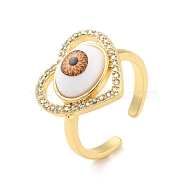 Cubic Zirconia Heart with Evil Eye Open Cuff Ring with Acrylic, Real 18K Gold Plated Brass Jewelry for Women, Cadmium Free & Lead Free, Peru, US Size 6 1/2(16.9mm)(RJEW-B042-05G-03)
