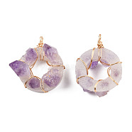 Natural Amethyst Pendants, with Aluminium Wire Wrapped, Ring Charm, Golden, 49~50x36.5~43x21~23.5mm, Hole: 3.5mm(G-T040-01G)