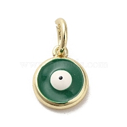 Brass Enamel Charms, with Jump Ring, Real 18K Gold Plated, Flat Round with Evil Eye Charm, Green, 11x9x3.5mm, Hole: 3.6mm(KK-E092-13G-01)