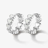 Rhodium Plated 925 Sterling Silver Huggie Hoop Earrings for Women, with S925 Stamp & Enamel, Ring with Heart, Platinum, White, 15x14mm(DS9629-1)