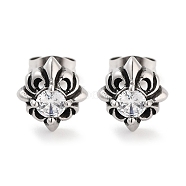 Flower 316 Surgical Stainless Steel Pave Clear Cubic Zirconia Stud Earrings for Women Men, Antique Silver, 9.5x10.5mm(EJEW-Z050-20AS)