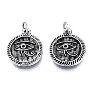 Tibetan Style Alloy Pendant Rhinestone Settings, with Jump Rings, Cadmium Free & Lead Free, Flat Round with Eye of Horus Pattern, Antique Silver, Fit for 1mm Rhinestone, 18x15x2mm, Hole: 3mm(TIBE-N011-206)