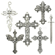 6Pcs 6 Styles Tibetan Style Alloy Cross Pendants, Mixed Shapes, Antique Silver, 51.5~74x14.5~54x1.5~2mm, Hole: 1.6~5mm, 1pc/style(FIND-FS0002-57)