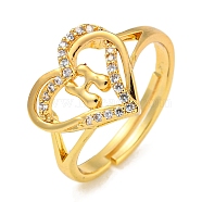 Heart with Letter Rack Plating Brass Micro Pave Clear Cubic Zirconia Adjustable Rings for Women, Lead Free & Cadmium Free, Real 18K Gold Plated, Letter H, Inner Diameter: 16mm(RJEW-I105-01G-H)