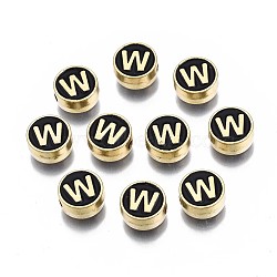 Alloy Enamel Beads, Cadmium Free & Lead Free, Light Gold, Flat Round with Alphabet, Black, Letter.W, 8x4mm, Hole: 1.5mm(ENAM-N052-006-02W-RS)