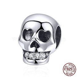 925 Sterling Silver Rhinestone European Beads, Large Hole Beads, Skull, Platinum, 10x7x8.1mm, Hole: 4.2mm(CPDL-BB70808-A)