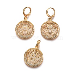 Brass Micro Pave Cubic Zirconia Jewelry Sets, Pendant and Earrings, Long-Lasting Plated, Flat Round with Spider Web, Real 24K Gold Plated, 26x22x3mm, Hole: 5x7mm, 40mm, Pin: 1mm(SJEW-F189-19G)