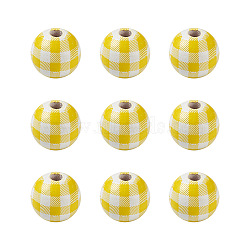 Natural Wooden Beads, Plaid Beads, Tartan Pattern, Round, Yellow, 5/8 inch(16mm), Hole: 4mm(WOOD-TAC0010-05G)